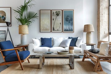 Wood sofa blue armchair posters in white living room with lamps