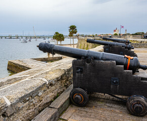 Steel Spanish Cannons and Sentry Box Overlooking Matanzas Bay on The St. Carlos Bastion, Castillo de San Marcus, St. Augustine, Florida, USA