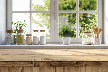 Wooden desk with blurred kitchen window for displaying products