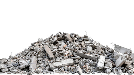 pile of shavings,
 pile of gray concrete debris against the re