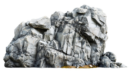 A rugged boulder formation isolated, highlighting the textured layers of rock