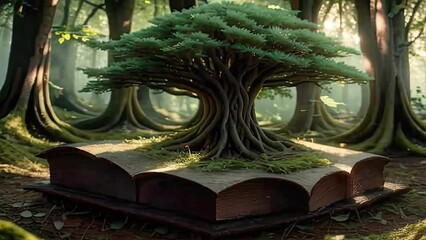 Tree growing out of open book. Generative AI