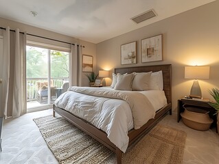 Bedroom with a king-size bed covered in crisp linens and a stylish bedspread