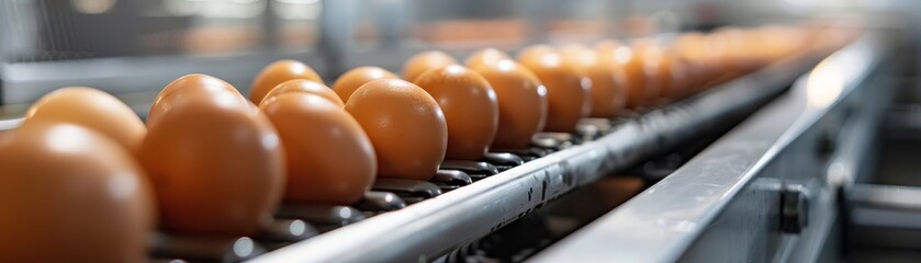 Eggs align on a conveyor belt in an automated food processing plant