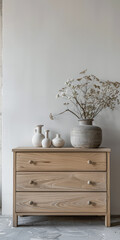 Wooden dresser in warm neutral color in an interior design room composition. Minimalistic chic interiors with copyspace for text.