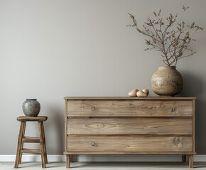 Wooden dresser in warm neutral color in an interior design room composition. Minimalistic chic interiors with copyspace for text.