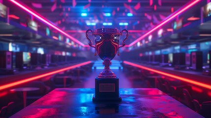 Glowing Trophy in Futuristic Gaming Arena With Neon Lights and Colorful Ambiance
