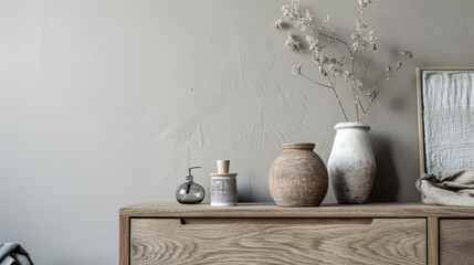 Wooden dresser in warm neutral color in an interior design room composition. Minimalistic chic interiors with copyspace for text.