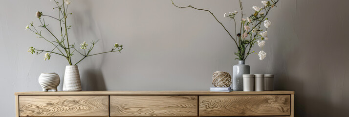 Wooden dresser in warm neutral color in an interior design room composition. Minimalistic chic interiors with copyspace for text.