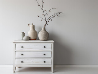 Wooden dresser in warm neutral color in an interior design room composition. Minimalistic chic interiors with copyspace for text.