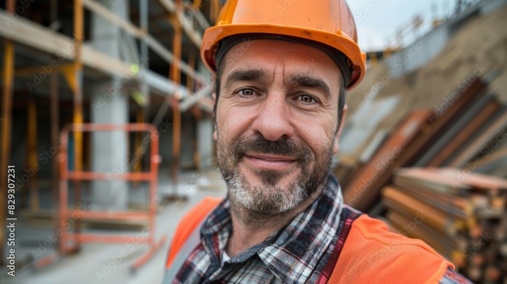 Poster a construction worker takes a contemplative selfie in front of a partially built bridge surrounded b