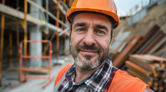A construction worker takes a contemplative selfie in front of a partially built bridge surrounded by the raw materials and tools of his trade.