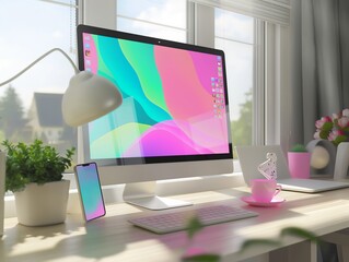 Bright home office setup with a computer, smartphone, plants, and a coffee cup on a desk by a window.
