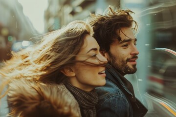 A cinematic shot of a couple in the midst of making a decision to leave, captured with intense emotion and dynamic movement as they are chased