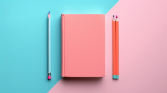 Book and pencil, flat design, top view, Trophy, pastel colors, education. Time management and planning, goal setting. Cartoon flat vector illustration