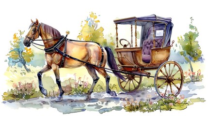 A beautiful watercolor painting of a horse-drawn carriage. The horse is brown and the carriage is brown and purple. The background is a watercolor wash of green, yellow, and blue.