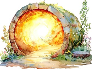 A beautiful watercolor painting of a stone archway leading to a bright, glowing light. The archway is surrounded by lush green grass and colorful flowers.