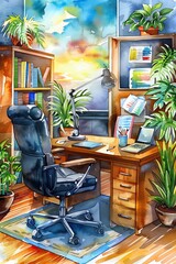 A watercolor painting of a home office
