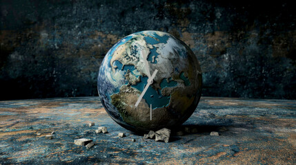 The concept of destruction and pollution of the planet earth over time. The globe of the planet with a clock face