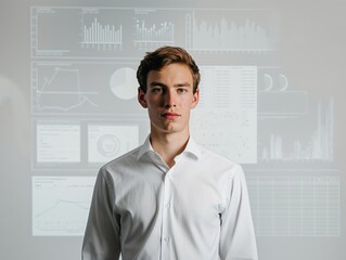 Young business professional in white shirt standing in front of data analytics charts and graphs.