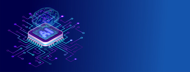 Artificial Intelligence Chip with Brain Holographic Vector Design background perfect for tech processes, tech business design, neural networks, artificial intelligence, AI designs 