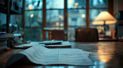 An inviting and cozy workspace is captured in this image, featuring an open document on a wooden desk illuminated by the warm glow of a desk lamp
