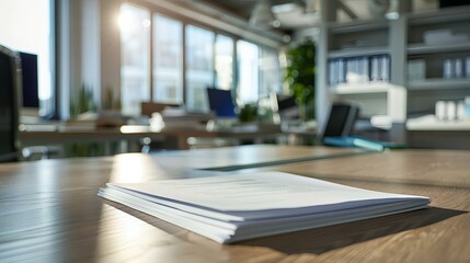 A neatly stacked pile of documents sits on a wooden desk in a bright, modern office