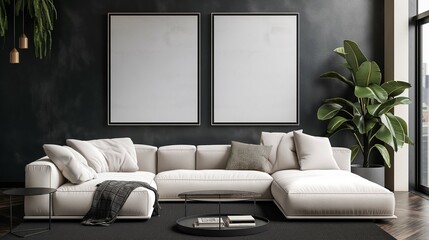 Frame mockup, modern European living room interior with cozy sofa