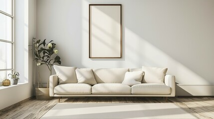 Frame mockup, modern European living room interior with cozy sofa