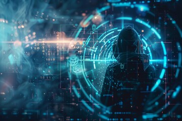 Obraz premium A hacker breaking through layers of digital security, represented by holographic locks and encryption codes