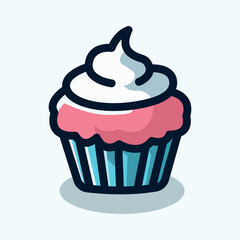 Vanilla white and pink cupcake hand drawn illustration with blue cup