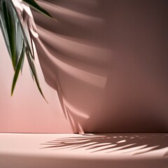 Blurred shadow from palm leaves on the light pink wall. Minimal abstract background for product presentation. Spring and summer.