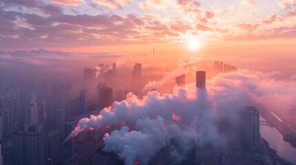 Obraz premium Aerial view of dense smoke over the urban skyline at sunset