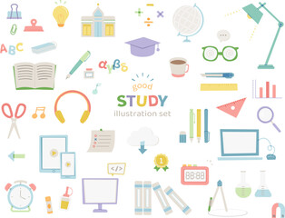 勉強　文具　イラスト　線なし　手描き風　学校　学習　学校　シンプル　PC 　ノート　デスク周り
