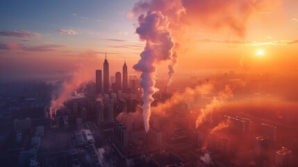 Aerial view of dense smoke over the urban skyline at sunset