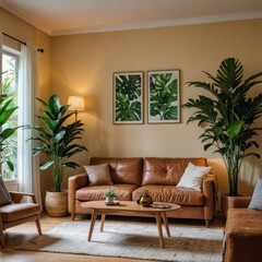 Living Room with Brown Leather Sofa and Plants