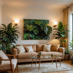 Modern living room with brown sofa and green plants