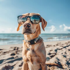 a cute dog with sunglasses on the sand beach on a sunny day enjoying vacation. hot summer day at the sea ocean