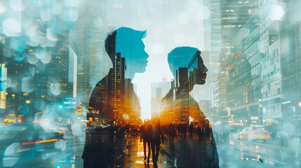 Business, Finance and Investment Concepts: The future of digital technology, Double exposure of business people and city landscape