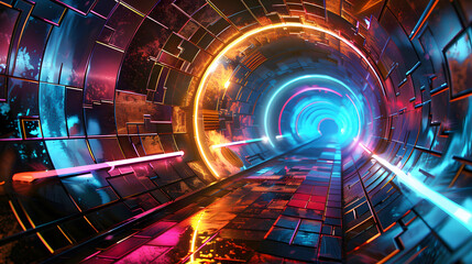 A dark room with round shapes and glowing neon lights in purple, blue, and pink, creating an atmosphere of futuristic technology, Abstract background with neon glowing