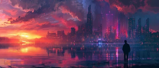 Foto auf Acrylglas Aubergine Business, Finance and Investment Concepts: The future of digital technology, Double exposure of business people and city landscape  © Media Srock