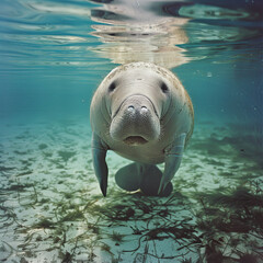 Naklejka premium A picture of a dugong peacefully feeding.