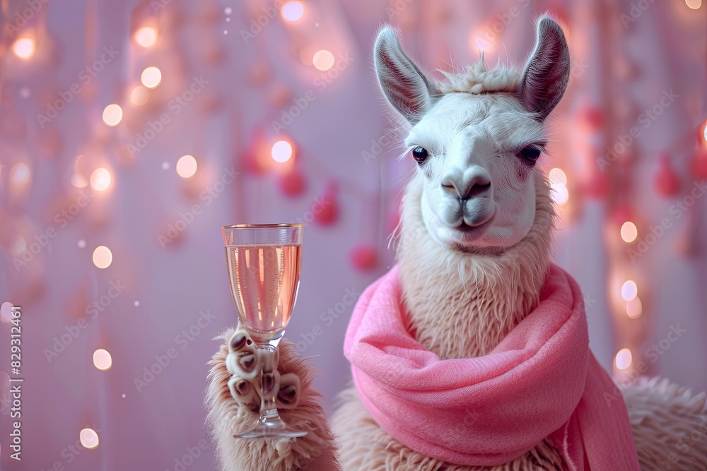 Poster Chic Llama: A llama wearing a fashionable scarf and balancing a glass of champagne on its back, set against a pastel background banner