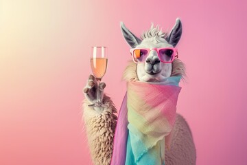 Chic Llama: A llama wearing a fashionable scarf and balancing a glass of champagne on its back, set against a pastel background banner