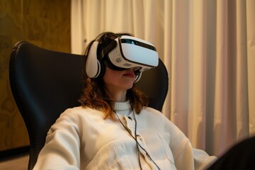 A woman using VR glasses to attend a virtual therapy session, with a calming digital environment around her