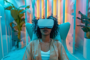 A woman using VR glasses to attend a virtual therapy session, with a calming digital environment around her