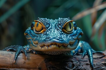 Fototapeta premium Lizard sits on top of log.