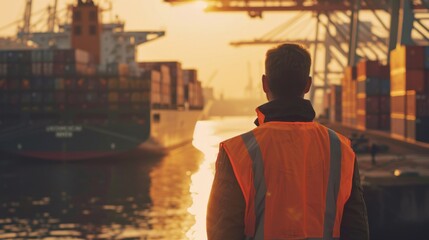 Fototapeta premium Man looks out over shipping yard.