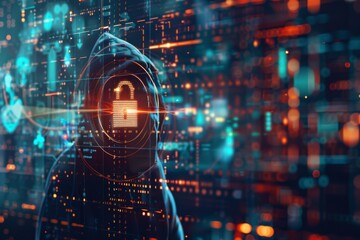 An abstract digital background with a hooded figure and a glowing padlock, highlighting the concept of cyber security