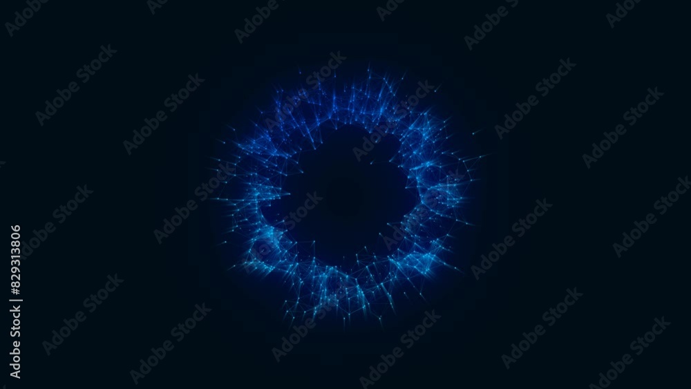 Poster animated neon linear ring symbol. glow logo frame. pattern of plexus chaotic lines and dots. circle 